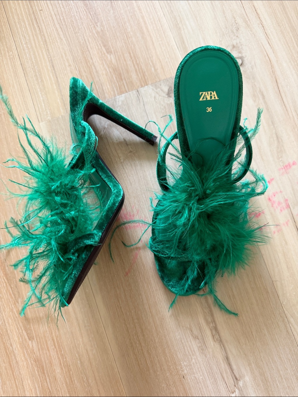 ZARA Emerald Green Feather-Embellished Velvet Stiletto Sandals